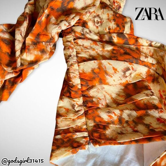 NWT Zara Printed Drape Crop Top Square Neck Orange Floral Sz XS - Picture 6 of 10